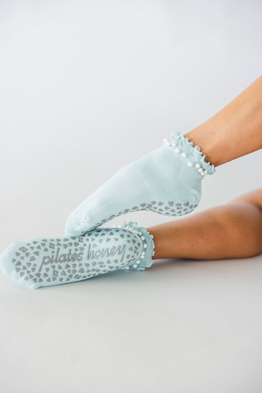 Aqua Pearl Ruffle Ankle Grip Sock *Luxe Collection*