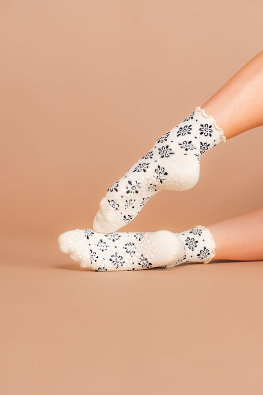Midnight Bloom Ruffle High Ankle Grip Socks